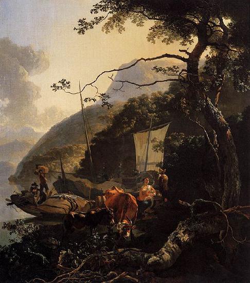Adam Pijnacker Boatmen Moored on the Shore of an Italian Lake oil painting image